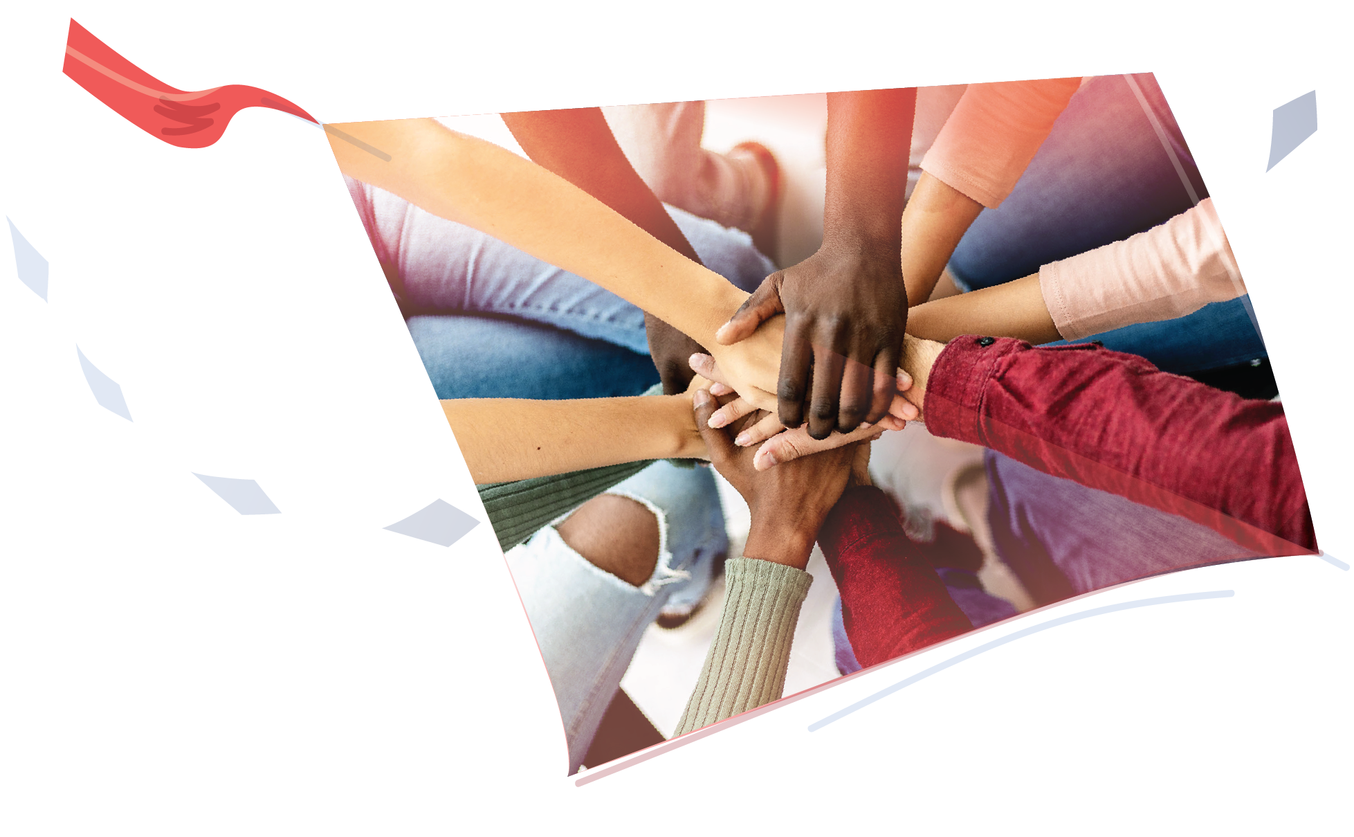 Diverse group of hands stacked together, symbolizing teamwork and unity for Take Our Kids to Work Day 2025.
